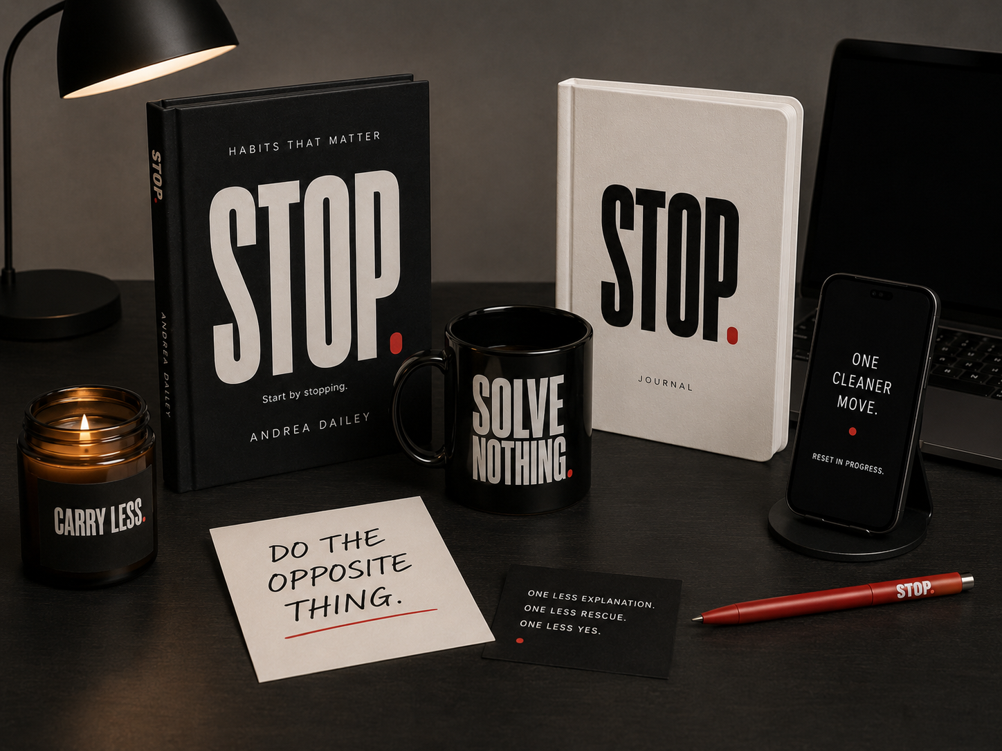 STOP book, STOP journal, mug, candle, note card, phone, and pen on a dark reset desk.